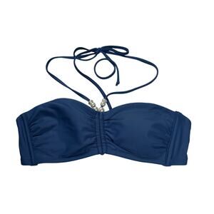 Shade & Shore Bandeau Bikini Top Women's Small Blue Ruched Front Faux Pearl NWT